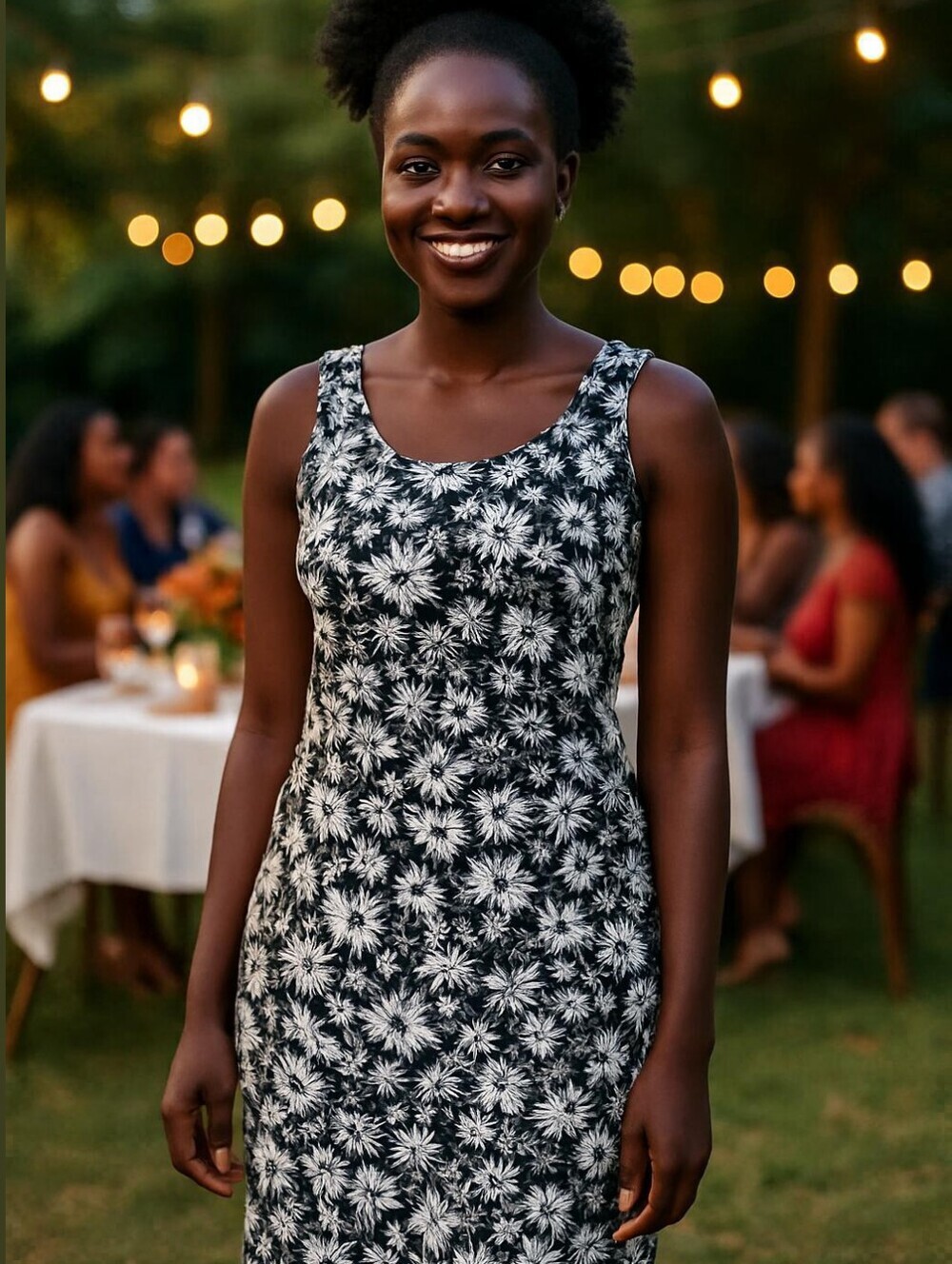 Black White Floral Slip Dress Midi Knee Length Scoop Neck